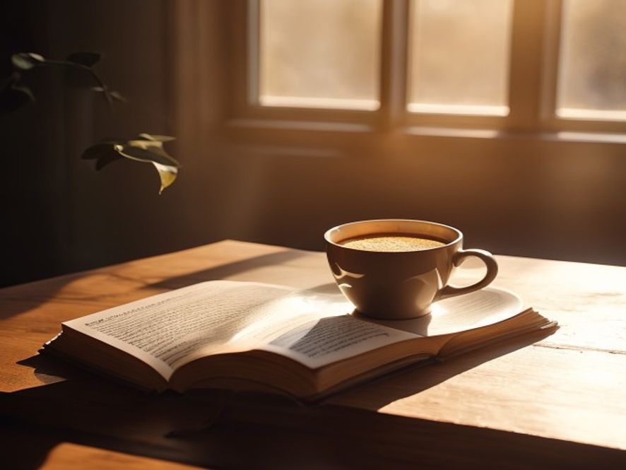 Morgenrutine med kaffe og planbok på trebord